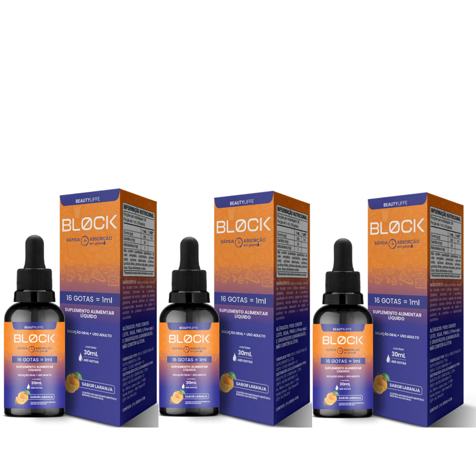 Kit 3x BLOCK Anti Açucar e Salgados 30ml BeautyLiffe - Termogênico - Inibidor de Apetite com Laranja Moro