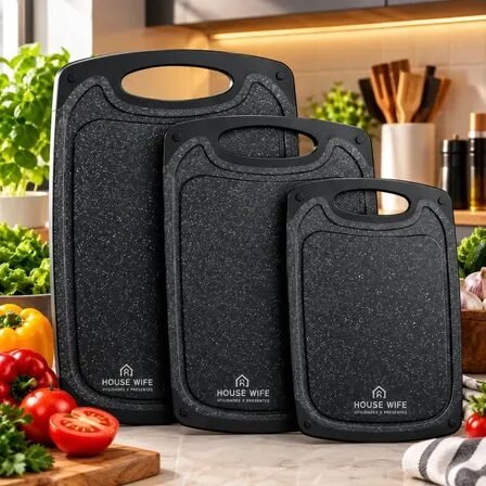 Kit com 3 Tábuas de Corte Retangulares de Polipropileno Antiderrapante Preto para Legumes e Churrasco